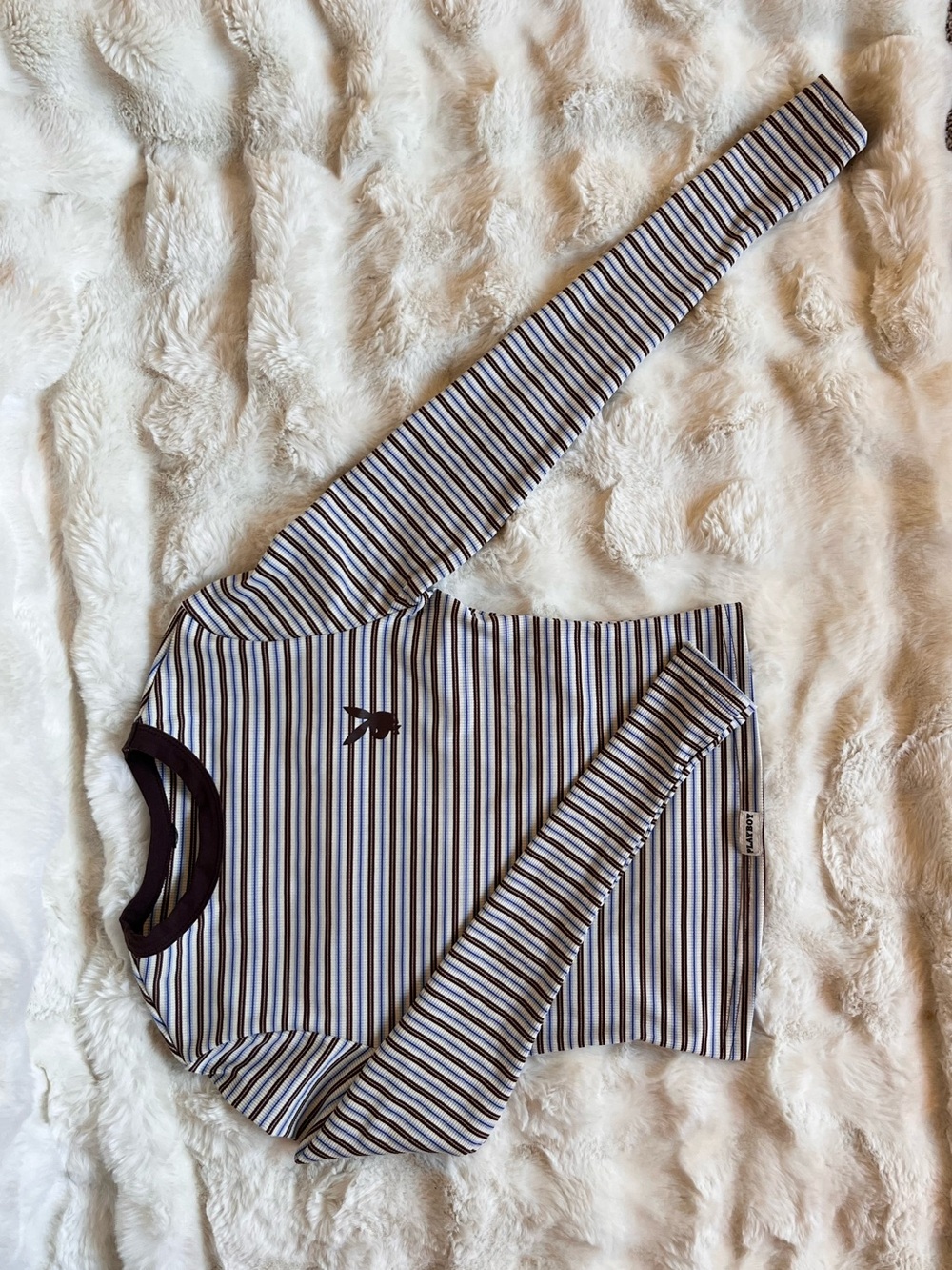 Playboy Striped Ribbed Long Sleeve Crop Top Brown White Y2K Baby Tee Fitted
